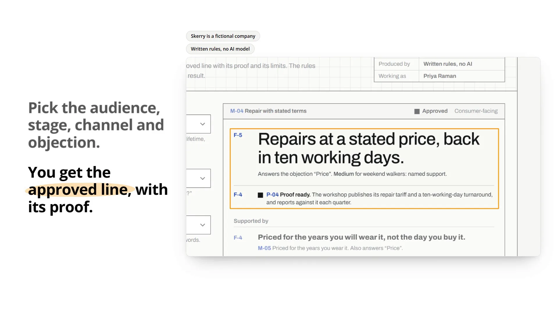 Message Engine for a fictional outdoor brand: four choices resolve to the approved line with its proof